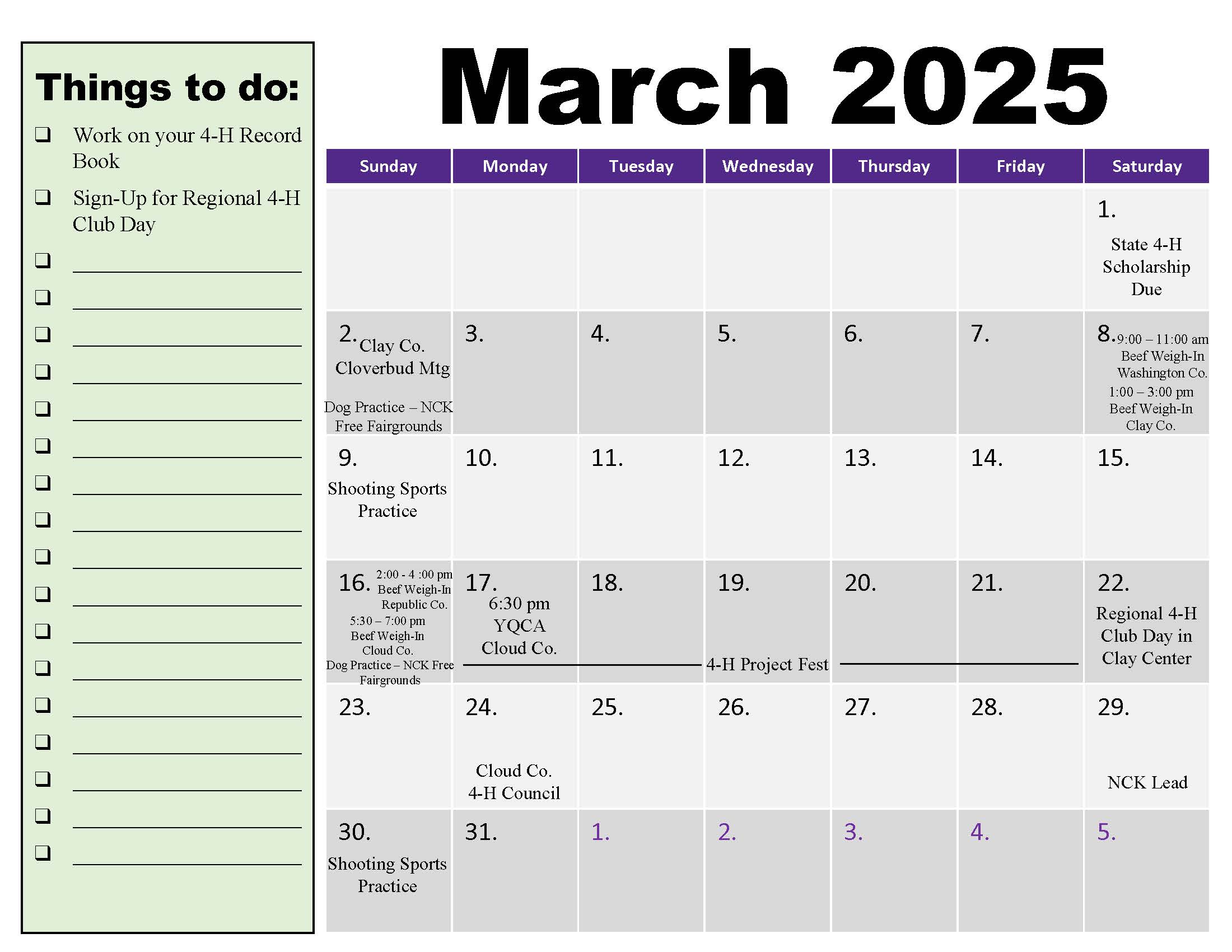 March 2025 4-H Calendar