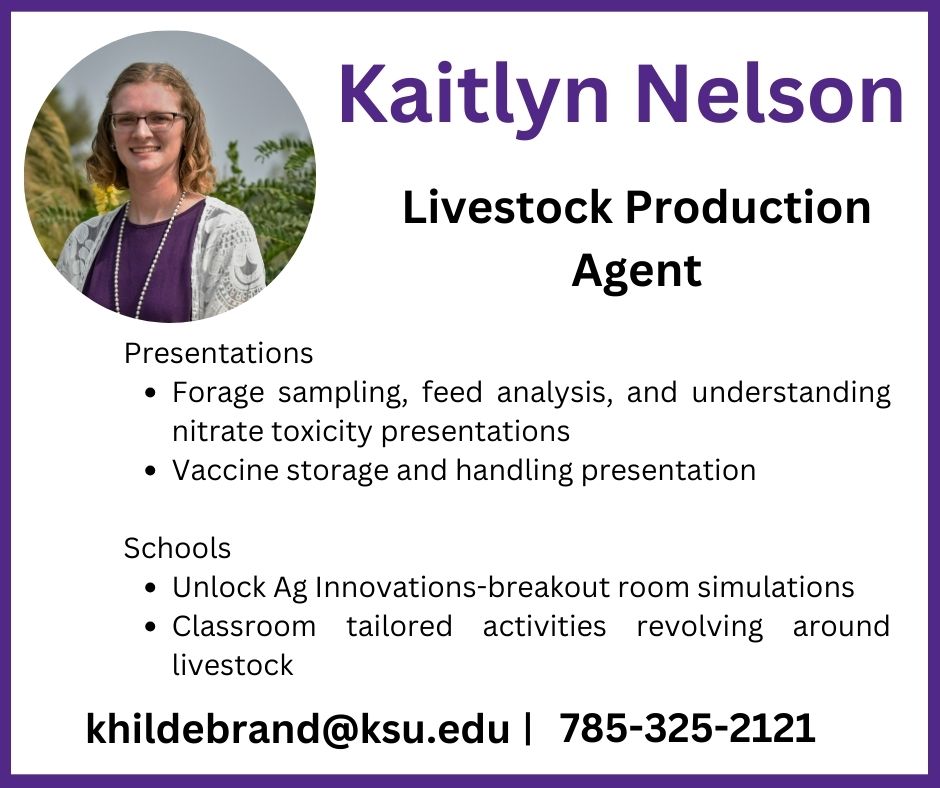 Need a speaker? Livestock Agent Kaitlyn Nelson can present on forage sampling, feed analysis, understanding nitrate toxicity presentations, vaccine storage and handling. For Schools, she can cover unlock Ag innovations-these are breakout room simulations or she can do classroom tailored activities revolving around livestock. Contact Kaitlyn at khildebrand@ksu.edu or 785-325-2121