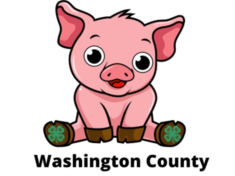 Washington County Fair logo of a pig with 4-H Clovers on its feet